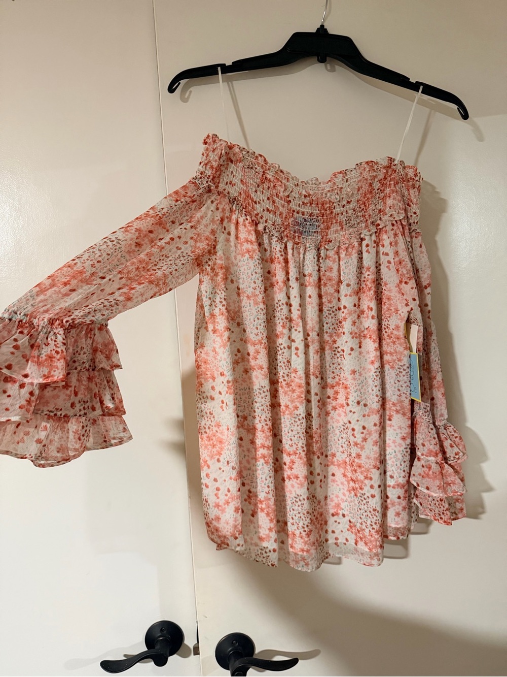 CeCe Pink Coral Floral Off-Shoulder Ruffle Blouse